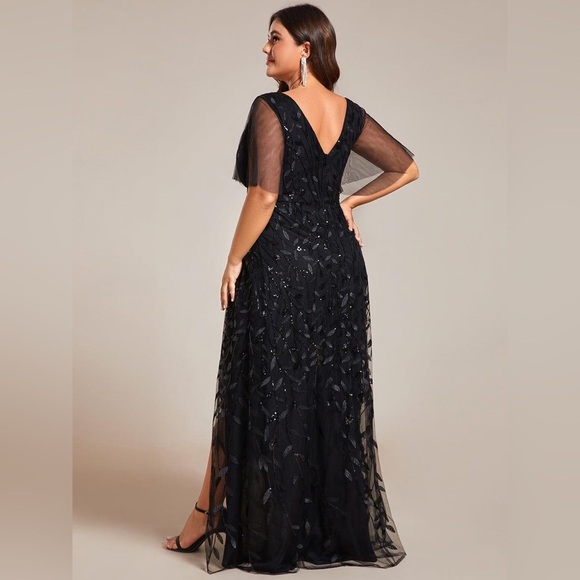 🆕 Plus Size Short Sleeves Sequin High Low V-Neck Midi Formal Evening Dress - Picture 2 of 3